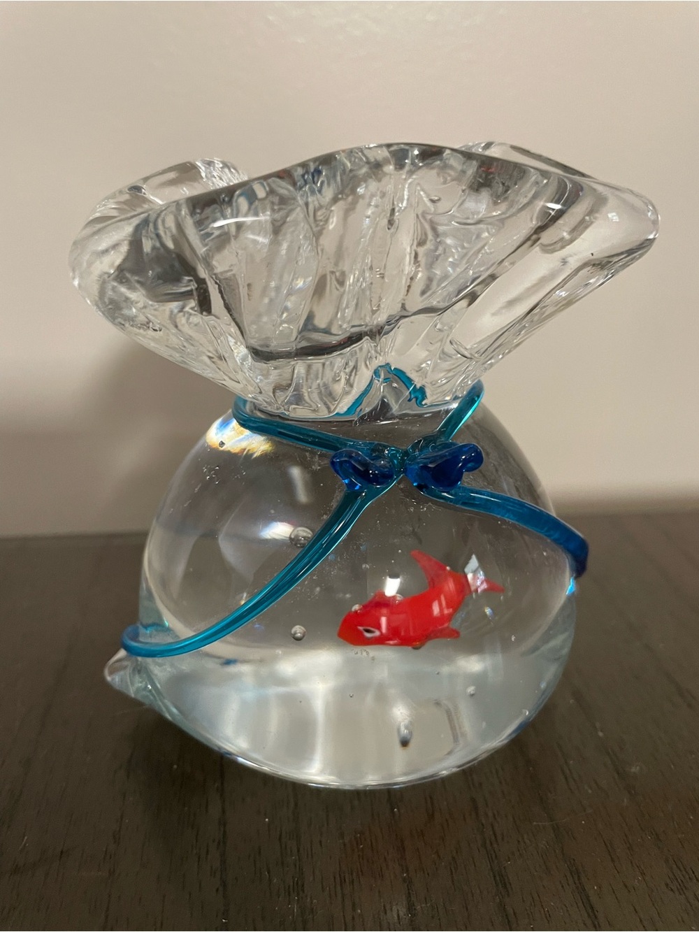 Handcrafted Clear Glass Fish Bag Ornament with Red Fish and Blue Accent